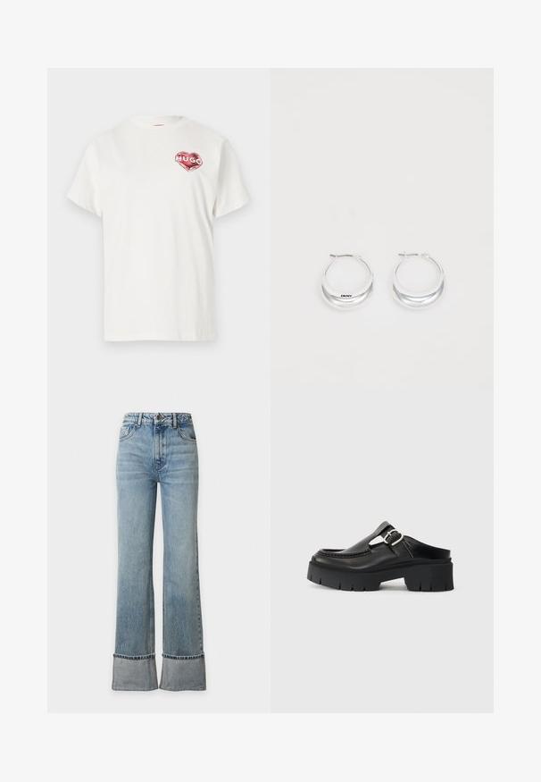 T-shirt en coton blanc à col rond, avec un graphique en forme de cœur rouge portant le mot "HUGO" à l'intérieur. Manches courtes, coupe décontractée.; Jean bleu taille haute avec jambes larges droites et revers retroussés, avec une petite étiquette de marque brodée sur la poche avant.; Sabots épais en cuir noir avec une large sangle, détail de boucle et semelle texturée comportant de fortes rainures. Design épuré et minimaliste.; Boucles d'oreilles en argent avec une finition polie et un branding DKNY, présentées sur un fond blanc uni.