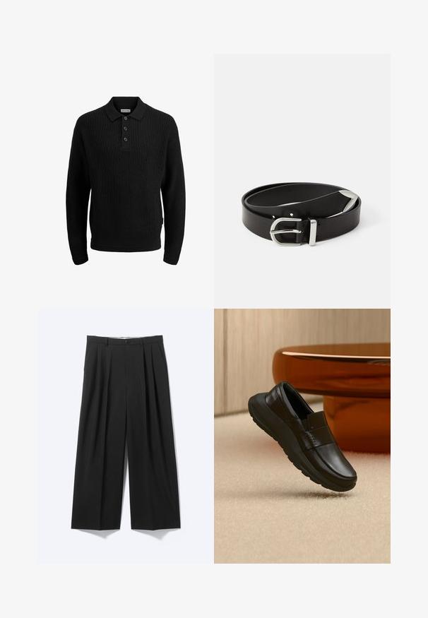 Pull en maille noir avec un col polo, patte de boutonnage à trois boutons, poignets et ourlet côtelés. Tissu texturé avec une coupe ample.; Pantalon noir à jambes larges avec plis sur le devant, passants pour ceinture et fermeture à bouton, présenté sur un fond clair uni.; Mocassin en cuir noir avec une semelle épaisse, présenté au-dessus d'un tapis beige et près d'une base de table ronde couleur ambre.; Ceinture en cuir noir avec une boucle en métal argenté, présentant un design classique et une texture lisse. Comprend des trous pour un ajustement flexible.