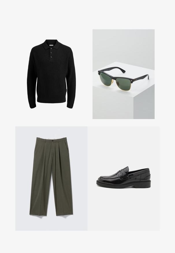 Pull en maille noir avec un col polo, patte de boutonnage à trois boutons, poignets et ourlet côtelés. Tissu texturé avec une coupe ample.; Pantalon droit vert olive avec plis devant, poches latérales, passants de ceinture et fermeture par bouton à la taille.; Mocassins en cuir noir avec une finition lisse, un bout rond, un petit talon et descoutures décoratives à l'avant. Semelle en caoutchouc pour l'adhérence.; Lunettes de soleil Ray-Ban avec des verres verts, monture en plastique noir et accents dorés sur les bords. Forme carrée avec une finition mate.