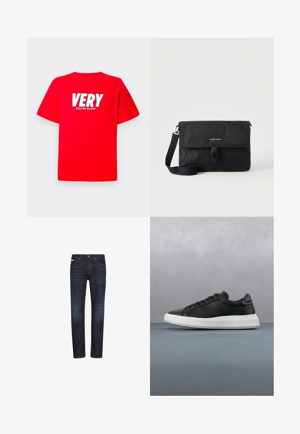 Rød kortærmet T-shirt med "VERY" i store hvide bogstaver og "CALVIN KLEIN" i mindre hvide tekst nedenfor på brystet.; Mørkeblå denimjeans med lige ben, fem lommer, lynlås og orange syningsdetaljer. Glat tekstur, klassisk design.; Sorte lædersneakers med en glat overflade, hvid gummisål, afrundet form, seks øjer til snørebånd og diskret branding på hælen.; Sort Calvin Klein messenger-taske med justerbar skulderrem og frontklap sikret med spænde, vist mod en ensfarvet baggrund.