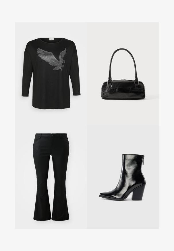 Zwarte langemouwen shirt met een schitterend ontwerp van een adelaar gemaakt van zilveren rhinestones, met een relaxte pasvorm en ronde halslijn.; Zwarte flare-broek van gladde stof. Heeft voorzakken, een knoopsluiting en een getailleerde taille die uitloopt in een flared poot.; Zwarte leren enkelboot met een glanzende afwerking, puntige neus en een blokhak. Voorzien van een zijrits voor gemakkelijke instap.; Zwarte leren handtas met een rechthoekige vorm, voorzien van een enkele gestructureerde handgreep, zilveren hardware en ritsluiting. Gladde textuur.