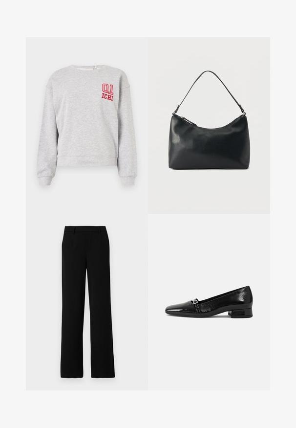 Sweatshirt gris à manches longues, col ras du cou et poignets côtelés ; présente un "01" rouge brodé et "ICHI" sur la poitrine gauche.; Pantalons larges noirs en tissu lisse, avec une taille plate, deux poches latérales et une ceinture ajustée pour un look raffiné.; Ballet flats en cuir verni noir avec un bout pointu, un petit talon carré et un détail de boucle métallique sur la sangle. Texture lisse.; Sac bandoulière en cuir noir texturé avec fermeture éclair incurvée en haut et une seule sangle ajustable sur fond uni.