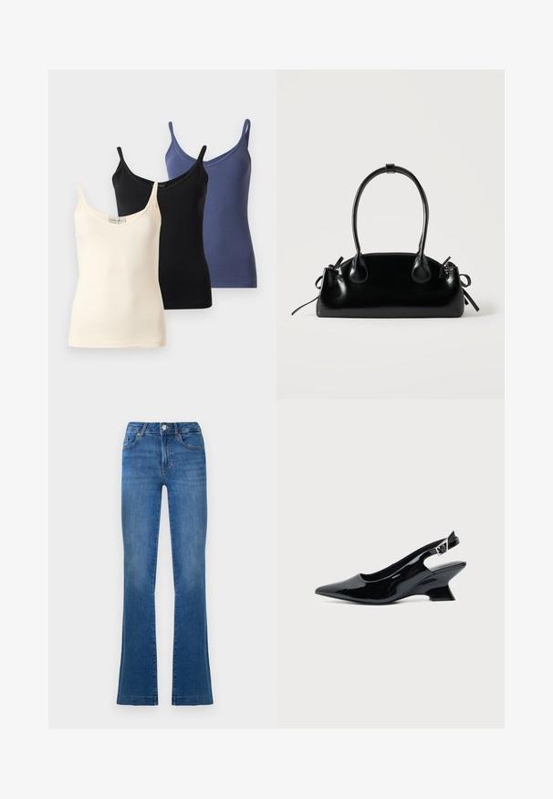 Trois camisoles sans manches pour femmes avec de fines bretelles, en crème, noir et bleu, affichées superposées sur un fond blanc.; Jeans bleus évasés en denim, dotés d'un design classique à cinq poches, d'une fermeture à bouton sur le devant, et de zones légèrement décolorées au niveau des cuisses.; Chaussure slingback en cuir verni noir avec bout pointu et petit talon bloc incliné sur fond clair uni.; Petit sac à main noir brillant avec deux longues anses et des détails à cordon sur les côtés sur un fond clair uni.