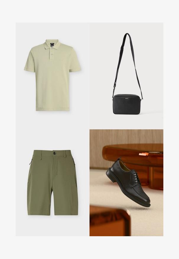 Polo beige clair à manches courtes avec deux boutons, col et petit logo "BOSS" sur la poitrine gauche.; Shorts pour hommes longueur genou de couleur vert olive avec fermeture par bouton et poches latérales zippées sur fond blanc.; Chaussure habillée noire en cuir à lacets avec devant texturé, flottant au-dessus d'un tapis beige dans une pièce moderne avec des meubles teintés d'ambre.; Sac bandoulière rectangulaire noir avec sangle réglable et logo BOSS sur le devant, sur un fond clair uni.
