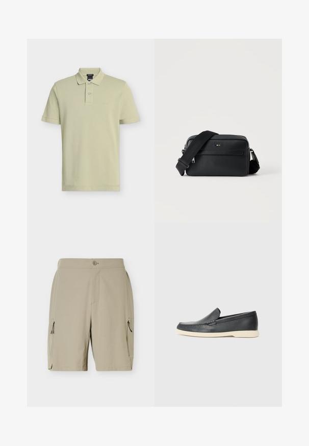 Polo beige clair à manches courtes avec deux boutons, col et petit logo "BOSS" sur la poitrine gauche.; Shorts beiges mi-genoux avec fermeture à boutons et poches zippées de chaque côté, conçus pour un usage décontracté ou en plein air.; Mocassin noir en cuir à enfiler avec semelle beige, positionné en suspension près d'un porte-revues en fil métallique sur un sol en terrazzo.; Sac bandoulière en cuir noir texturé avec poche avant zippée et bandoulière large en tissu réglable sur fond blanc.