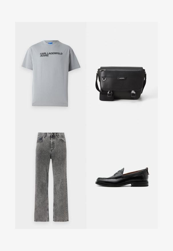 Graues Baumwoll-T-Shirt mit kurzen Ärmeln und Rundhalsausschnitt. Schwarzer Text "KARL LAGERFELD JEANS" auf der Vorderseite.; Schwarze gewaschene Denim-Jeans mit geradem Bein, Frontknopf und Reißverschluss, Gürtelschlaufen und Fünf-Taschen-Design.; Schwarzer Leder-Herrenschuh mit Mokassinnaht, Penny-Riemen, strukturiertem Kragen und niedrigem gestapeltem Absatz auf weißem Hintergrund.; Schwarze, strukturierte Lacoste-Umhängetasche mit verstellbarem Tragegurt, Frontklappe, Reißverschlusstasche und Metallschnallen.