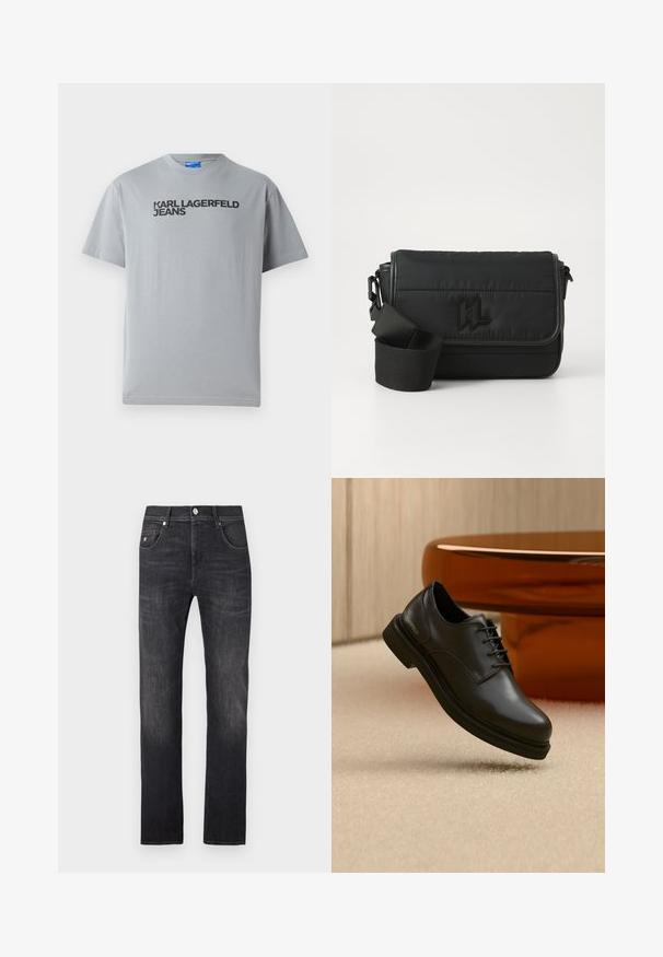 Graues Baumwoll-T-Shirt mit kurzen Ärmeln und Rundhalsausschnitt. Schwarzer Text "KARL LAGERFELD JEANS" auf der Vorderseite.; Dunkelgraue Jeans aus Denim mit geradem Schnitt, fünf Taschen, einem Knopfverschluss und dezenten Verwaschungseffekten entlang der Beine.; Schwarzer Leder-Schnürschuh, der über einem beigen Teppich schwebt, mit einem glänzenden braunen abgerundeten Objekt im Hintergrund.; Schwarze Umhängetasche aus Nylon mit gestepptem Design, verstellbarem Gurt und geprägt Logo auf der Vorderseite. Glatte Textur.