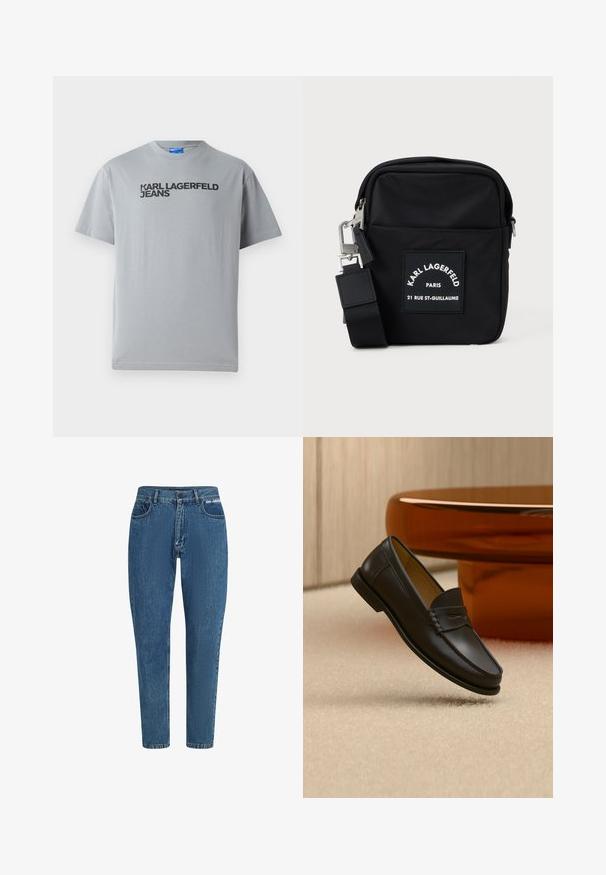 Šedé bavlnené tričko s krátkymi rukávmi a okrúhlym výstrihom. Na prednej strane je čierny text s nápisom "KARL LAGERFELD JEANS".; Modré džíny z denimu s vysokým pásom a rovnými nohavicami. Medzi vlastnosti patrí klasický dizajn s piatimi vreckami, pútka na opasok a označenie značky na páse.; Čierny kožený mokasín zavesený nad béžovým kobercom s moderným nábytkom farby jantáru v pozadí.; Čierna nylonová crossbody taška s obdĺžnikovým tvarom, s predným nášivkovým označením, strieborným kovovým hardvérom a nastaviteľným popruhom.