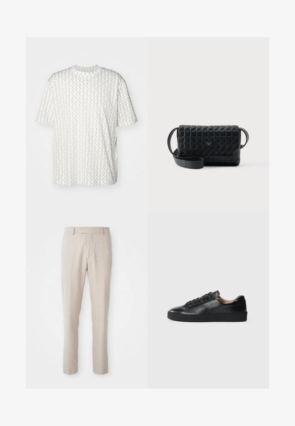 T-shirt blanc avec un motif « A » gris répétitif, manches courtes, encolure ronde et coupe décontractée. Fabriqué en tissu doux.; Pantalons tissés beiges à coupe droite, avec une taille plate, des passants de ceinture et sans motifs ni détails matériels visibles.; Baskets en cuir noir avec une texture lisse, bout rond et fermeture à lacets. Comprend une semelle en caoutchouc épaisse et un minimum de détails de marque.; Sac bandoulière noir texturé avec une fermeture à rabat et un petit logo en métal sur le devant, présenté sur un fond uni.