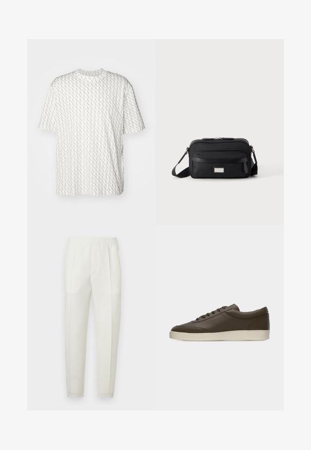 Weißes T-Shirt mit einem wiederholenden grauen "A"-Muster, kurzen Ärmeln, Rundhalsausschnitt und lockerer Passform. Hergestellt aus weichem Material.; Weiße Slim-Fit-Hosen mit elastischem Bund, zwei Seitentaschen und einer glatten, leicht glänzenden Oberfläche.; Dunkelbrauner Sneaker aus Leder mit niedrigem Schaft, Schnürung an der Vorderseite und kremfarbenem Gummisohlenrand, von der Außenseite auf weißem Hintergrund gezeigt.; Schwarze rechteckige Umhängetasche mit vorderer Reißverschlusstasche, verstellbarem Riemen und silberner rechteckiger Logo-Plakette auf einfarbigem Hintergrund.