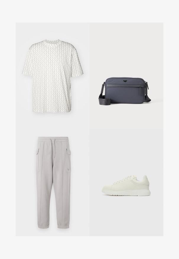 T-shirt blanc avec un motif « A » gris répétitif, manches courtes, encolure ronde et coupe décontractée. Fabriqué en tissu doux.; Pantalon de survêtement gris avec taille élastique, poches latérales et détail cousu courant verticalement le long des jambes. Texture en mélange de coton.; Baskets blanches en cuir avec un dessus texturé, bout rond, semelle plate blanche et lacets ton sur ton. Marque discrète sur la languette.; Sac bandoulière rectangulaire gris avec poche zippée devant, sangle d’épaule réglable et petit logo noir au centre avant.