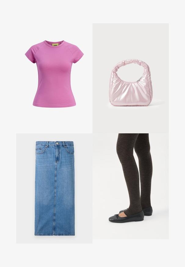 Lühike roosa T-särk ümmarguse kaelusega, lühikeste raglanvarrukatega ja liikuvate detailidega. Valmistatud siledast puuvillakangast. Silt on nähtav seest.; Heledsinine denim midi seelik, millel on sirge siluett, eesmine õmblus ja tavaline talje koos viie vöökohaga ja metallnupuga kinnitamine.; Jalad seljas tumedad soonelises soonelises kombines mustade baleriinadega, millel on väikesed paelade detailid valgel taustal.; Roosa, polsterdatud käekott ümmarguse disainiga, valmistatud läikivast materjalist. Omab kogutud käepidet ja lukuga sulgemist, et tagada turvaline ligipääs.