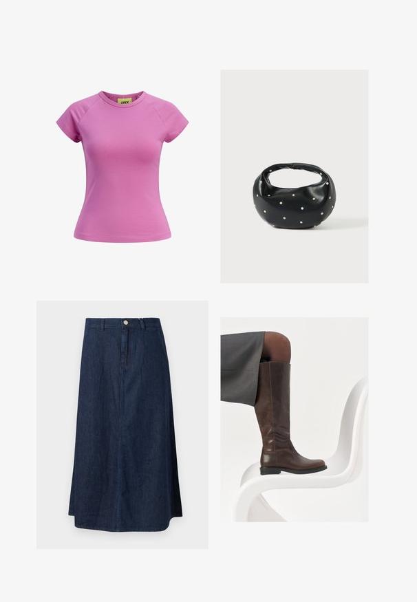 Kurzes rosa T-Shirt mit rundem Ausschnitt, kurzen Raglannärmeln und taillierter Form. Hergestellt aus glattem Baumwollstoff. Etikett innen sichtbar.; Denim-Midirock in Dunkelblau mit geradem Schnitt, vorderer Knopfleiste und dezenten Steppnähten entlang der Nähte.; Braune Lederstiefel bis zum Knie mit abgerundeter Spitze, glatter Oberfläche und minimalen Nähten, vor einem hellen Hintergrund auf einem weißen Stuhl.; Schwarze Lederhandtasche mit abgerundeter Form, verziert mit silbernen Nietenakzenten und kurzem Griff. Glatte Struktur und Reißverschlussverschluss.
