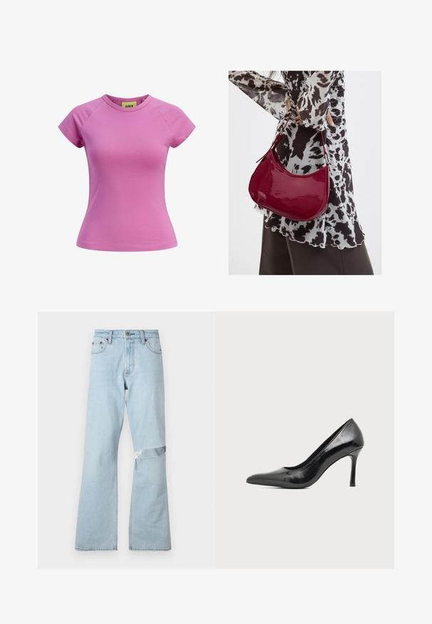 Kurzes rosa T-Shirt mit rundem Ausschnitt, kurzen Raglannärmeln und taillierter Form. Hergestellt aus glattem Baumwollstoff. Etikett innen sichtbar.; Hellblaue Jeans im Flared-Design mit einem ausgefransten Patch am Knie und normalen Fronttaschen.; Schwarzer Damenspitzschuh aus Lackleder mit spitzer Zehenpartie und schlankem Absatz auf hellem, schlichter Hintergrund.; Frau trägt eine schwarz-weiß gemusterte Bluse und hält eine glänzende rote Schultertasche vor einem einfarbigen Hintergrund.