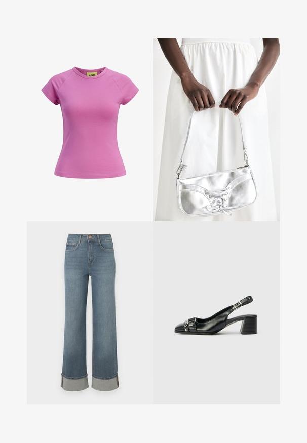 Kurzes rosa T-Shirt mit rundem Ausschnitt, kurzen Raglannärmeln und taillierter Form. Hergestellt aus glattem Baumwollstoff. Etikett innen sichtbar.; Weite blaue Denim-Jeans verfügen über eine hohe Taille, umgekrempelte Säume mit grauen Akzenten, ein Fünf-Taschen-Design und einen vorderen Knopfverschluss.; Schwarze Leder-Slingback-Pumps mit spitzem Vorderteil, strukturiertem Riemen mit runden metallischen Akzenten und gestapeltem Blockabsatz.; Silberne metallische Handtasche mit Schnürdetail, die ein elegantes Design und einen kurzen Tragegurt aufweist. Die Tasche wird in den Händen gehalten und zeigt ihre Textur.