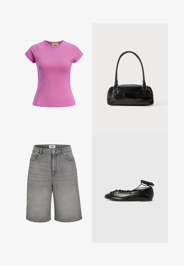 Kurzes rosa T-Shirt mit rundem Ausschnitt, kurzen Raglannärmeln und taillierter Form. Hergestellt aus glattem Baumwollstoff. Etikett innen sichtbar.; Graue Denim-Shorts mit einem klassischen Design, einem Knopfverschluss, fünf Taschen und sichtbaren Nähten. Der Stoff hat eine glatte Textur.; Schwarze Ballerinas aus Lackleder mit runder Spitze, Schnürdesign und flacher Sohle. Glatte Textur mit minimaler Verzierung.; Schwarze Lederhandtasche in rechteckiger Form, mit einem stabilen Griff, silbernem Zubehör und Reißverschluss. Glatte Textur.