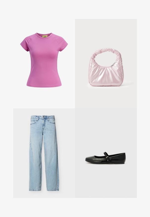 Korte roze T-shirt met een ronde hals, korte raglanmouwen en een getailleerde fit. Gemaakt van gladde katoenen stof. Etiket zichtbaar aan de binnenkant.; Lichtblauwe denim jeans met rechte pijpen, voorzakken, riemlussen en knoopsluiting op een effen witte achtergrond.; Zwarte leren balletschoenen met een ronde neus, een platte zool en een dunne verstelbare band over de wreef met een metalen gesp.; Roze, gevoerde handtas met een afgeronde vorm, gemaakt van glanzend materiaal. Beschikt over een geplooide handgreep en een ritssluiting voor veilige toegang.
