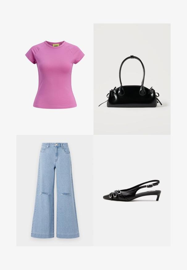 Kurzes rosa T-Shirt mit rundem Ausschnitt, kurzen Raglannärmeln und taillierter Form. Hergestellt aus glattem Baumwollstoff. Etikett innen sichtbar.; Helle blaue Schlagjeans mit hoher Taille, ausgestattet mit zwei vorderen Taschen und zwei Rissen an den Knien, aus Denim-Material gefertigt.; Schwarzer Lederslingback mit spitzer Spitze, drei silbernen Schnallen vorne und niedrigem Kittenabsatz auf weißem Hintergrund.; Kleine schwarze glänzende Handtasche mit zwei langen Griffen und seitlichen Kordelzug-Details vor einfachem hellem Hintergrund.