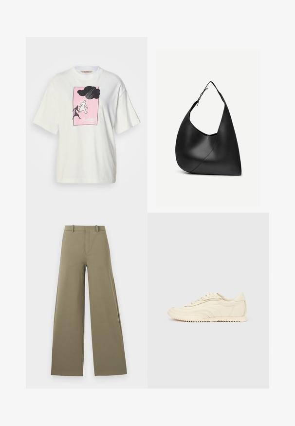 T-shirt blanc à manches courtes en coton, avec un motif graphique noir et blanc sur fond rose et le texte « Barbour » en bas.; Pantalons larges en vert olive clair avec une texture lisse, dotés d'une fermeture éclair sur le devant, de passants de ceinture et de deux poches latérales.; Baskets basses de couleur crème avec des coutures ondulées, une fermeture à lacets et une semelle crantée, vues de côté sur un fond uni.; Sac à épaule en cuir noir avec forme triangulaire incurvée, une seule sangle ajustable, et une couture diagonale visible à l'avant.
