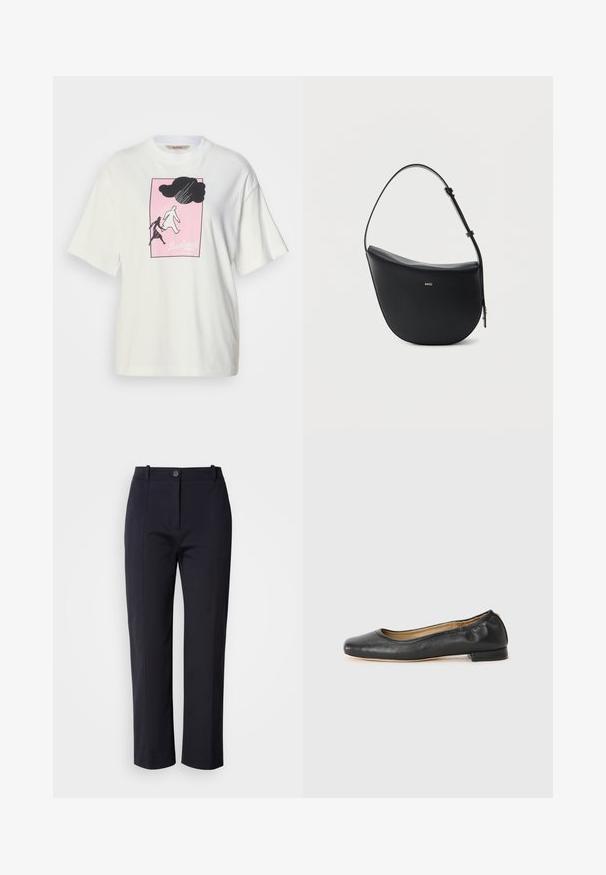 T-shirt blanc à manches courtes en coton, avec un motif graphique noir et blanc sur fond rose et le texte « Barbour » en bas.; Pantalons bleu marine à jambe droite, confectionnés dans un tissu lisse. Comprend des poches avant et une fermeture à bouton à la taille.; Ballerines en cuir noir avec un bout arrondi et des coutures minimales. Talon bas et rectangulaire avec une texture lisse. Détails subtils de doublure intérieure.; Sac à bandoulière en cuir noir en forme de demi-lune avec une bandoulière réglable et le logo doré « BOSS » centré sur le devant.