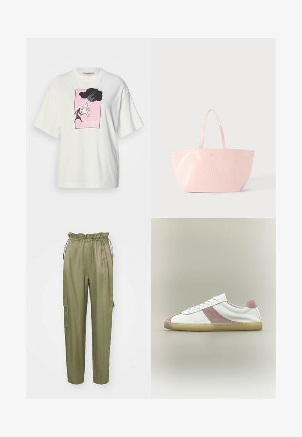 T-shirt blanc à manches courtes en coton, avec un motif graphique noir et blanc sur fond rose et le texte « Barbour » en bas.; Pantalons cargo vert olive avec une taille élastique à cordon de serrage, jambes fuselées et poche latérale. Tissu lisse avec une finition mate.; Baskets basses blanches avec des accents en daim rose sur le côté, le talon et l'avant-pied, avec des lacets blancs et une semelle beige sur un fond neutre.; Sac cabas rose Lacoste avec deux anses et logo embossé sur une surface lisse, présenté sur fond gris clair.