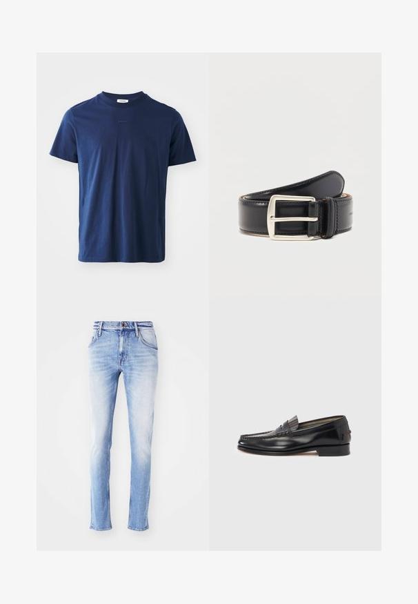 T-shirt en coton bleu marine à manches courtes, avec un col rond et un discret logo sur le devant. Texture lisse avec une coupe classique.; Jean en denim bleu clair avec une finition délavée, coupe droite, cinq poches, passants de ceinture et fermeture à un bouton à la taille.; Mocassins en cuir noir avec un design de style mocassin, présentant une bande décorative et un détail de couture sur le dessus. Talon bloc bas.; Ceinture en cuir noir enroulée avec une boucle métallique rectangulaire argentée et des coutures visibles le long des bords.
