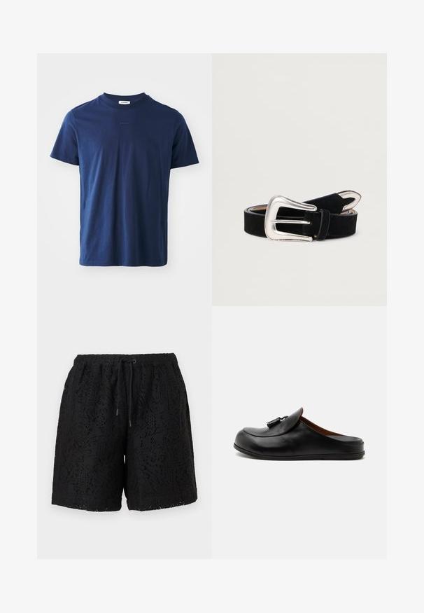 T-shirt en coton bleu marine à manches courtes, avec un col rond et un discret logo sur le devant. Texture lisse avec une coupe classique.; Shorts en dentelle noire avec taille élastique et cordon noir à nouer, présentant un motif floral en découpe sur tout le tissu.; Mocassin noir en cuir sans contrefort avec des glands sur le dessus, affiché de côté sur un fond clair uni.; Ceinture en suede noir avec une boucle en métal argenté de forme arrondie et des accents cousus. Texture lisse et conception ajustable.