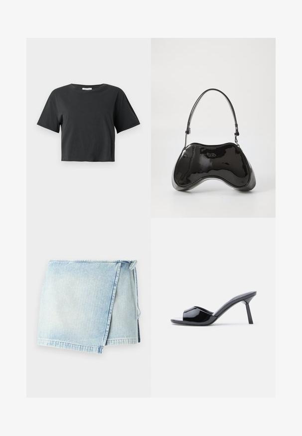 Sort cropped T-shirt med korte ærmer og rund udskæring vist mod en ensfarvet hvid baggrund.; Lyseblå denim omslagskirt med en frynset kant, der har en knyttelukning på den ene side. Stoffet har en falmet, slidt tekstur.; Sorte laklæder sandaletter med åben tå, der har et buet overdesign og en spids stilethæl. Glat, blank finish.; Sort patentlæder håndtaske med en unik buet form, kort justerbar hank og en lynlåslukning i toppen. Glat tekstur med diskret branding.
