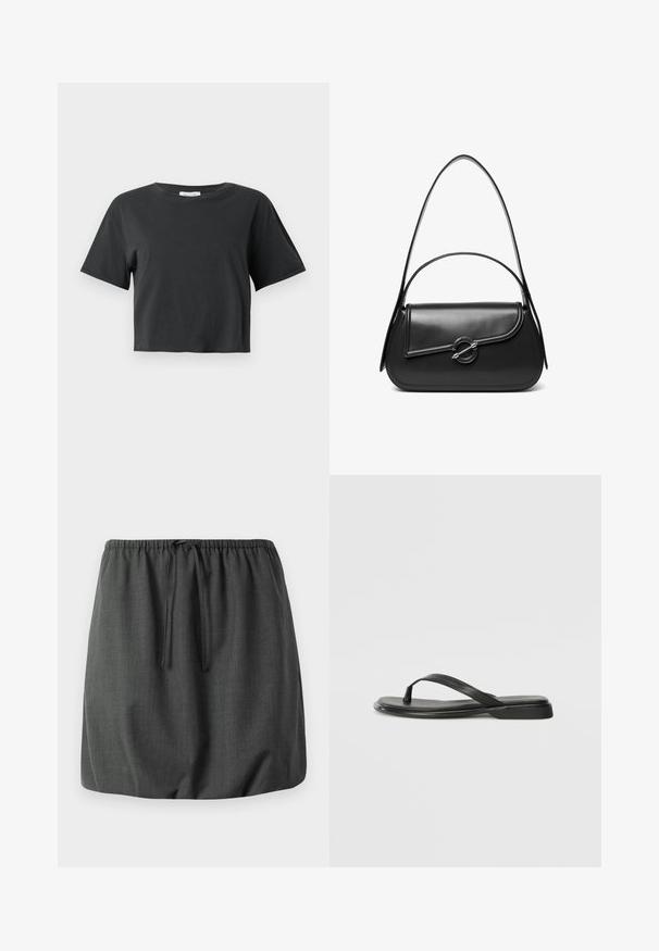 Camiseta negra corta de manga corta con cuello redondo, exhibida sobre un fondo blanco liso.; falda de textura gris oscuro con cintura elástica y cordón. Diseño simple, longitud hasta el muslo, sin patrones ni adornos visibles.; Chancla negra de piel suave, con un diseño de tira delgada y una suela plana de perfil mínimo. Sin patrones ni acentos notables.; Bolso de hombro de cuero negro con una solapa curva asegurada por un broche metálico redondo y una correa delgada y ajustable.