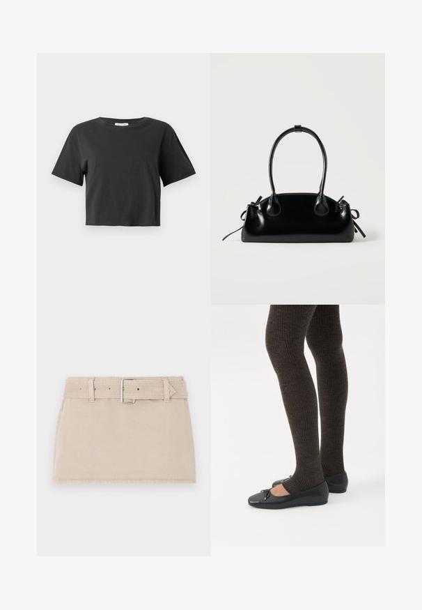 Čierny skrátený tričko s krátkym rukávom a okrúhlym výstrihom vystavené na čistej bielej pozadí.; Abercrombie & Fitch BELTED MINI - Denimová sukňa - beige; Nohy v tmavých pásikavých legínach v kombinácii s čiernymi balerínkami s malými mašličkami na bielom pozadí.; Malá čierna lesklá kabelka s dvoma dlhými rúčkami a bočnými šnúrkovými detailmi na jednoduchom svetlom pozadí.