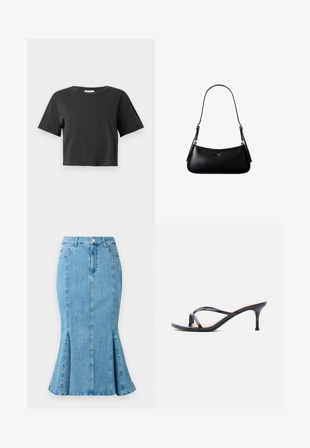 Sort cropped T-shirt med korte ærmer og rund udskæring vist mod en ensfarvet hvid baggrund.; Lyseblå denim blyantskirt med flared nederdel og slidser i siden, med en frontknaplukning og lommer. Enkel, ren design.; Sort laklædersandal med hæl, tynde krydsede remme og en slank mellemhøj stilethæl på en hvid baggrund.; Sort læder mini skuldertaske med tynd rem og lille gyldent CK-logo på fronten i midten.