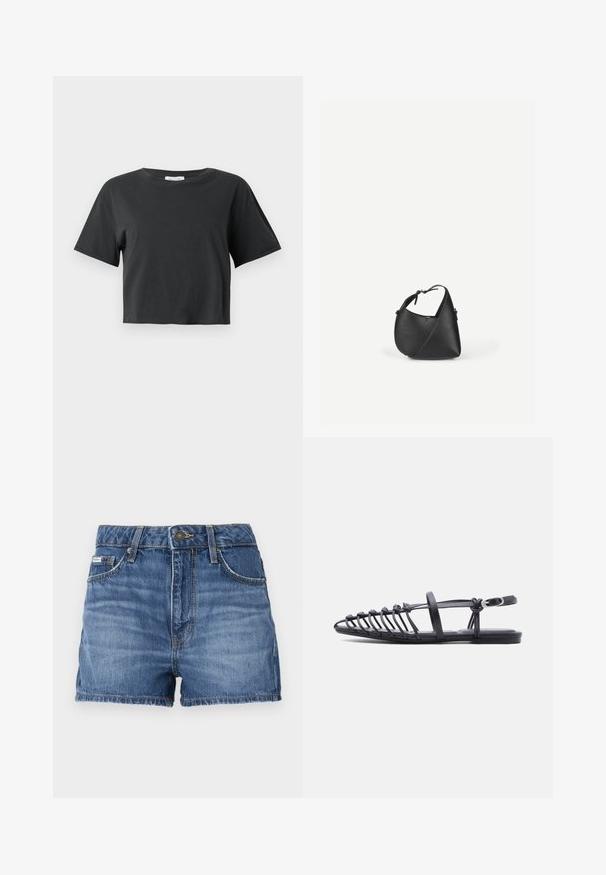 Must musta lühikeste varrukatega T-särk ringikaelusega musta värviga, esitatud lihtsa valge tausta ees.; Keskmise sinise värvi denim lühikesed püksid, millel on viie tasku disain, vööloopide ja rebenenud serv. Tavaline nööp ja lukuga sulgemine.; Mustad madalad sandaalid, millel on mitu õhukest rihma, pandlaga pahkluu rihm ja avatud varba resti disain valgel taustal.; Mustast nahast õlakott ümarate kolmnurksete vormidega ja reguleeritava rihmaga, ühel tasasel heledal taustal.