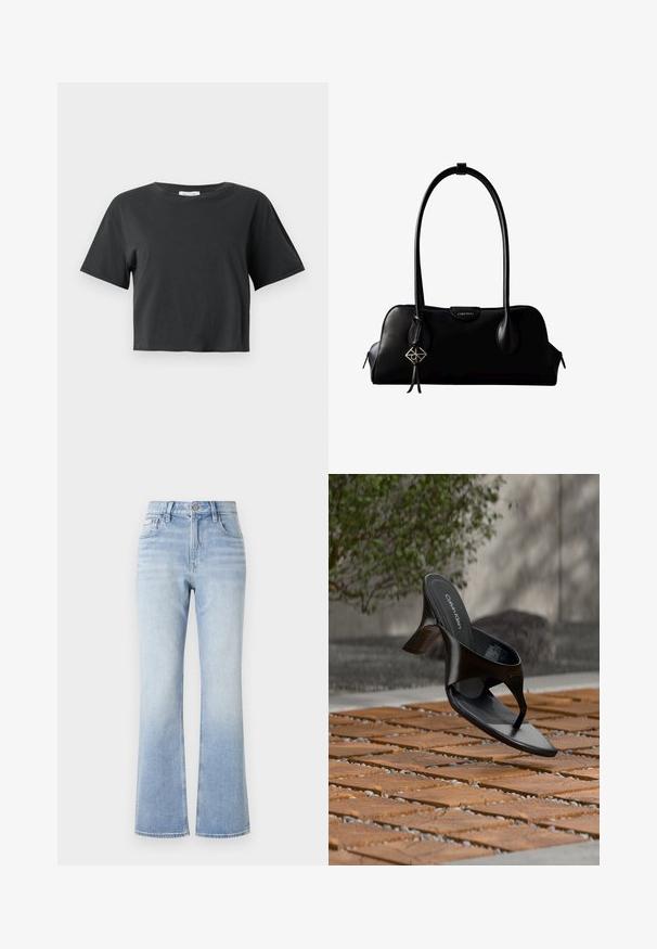 Sort cropped T-shirt med korte ærmer og rund udskæring vist mod en ensfarvet hvid baggrund.; Lyseblå denim flared jeans med høj talje, kontrasterende syninger, forlommer og en subtil faldefarve mod kanten.; Sort Calvin Klein hæl-sandal med åben tå, der svæver over en udendørs flisebelagt overflade med grønne planter og en betonvæg i baggrunden.; Sort lædertaske fra Calvin Klein med lange håndtag, en forside-logo-tag og en sølv geometrisk vedhæng, der hænger fra det ene håndtag.