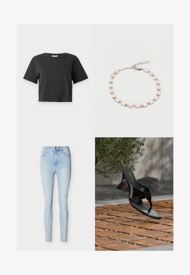 Camiseta negra corta de manga corta con cuello redondo, exhibida sobre un fondo blanco liso.; Jeans ajustados de tiro alto en azul claro con cierre frontal de botón y cremallera, cinco bolsillos y un sutil desvanecimiento a lo largo de las piernas.; Sandalia negra de tacón tipo tanga de Calvin Klein flotando sobre una superficie exterior de azulejos, con vegetación y una pared de hormigón al fondo.; Pulsera de plata con eslabones rectangulares con un acabado pulido, conectados por una cadena. Incluye un broche y una pequeña etiqueta.