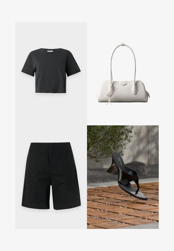 Schwarzes, kurzes T-Shirt mit kurzen Ärmeln und rundem Halsausschnitt, präsentiert vor einem schlichten weißen Hintergrund.; Schwarze, maßgeschneiderte Shorts aus leichtem Stoff, mit einem strukturierten Design und vertikalen Linien sowie einem geraden Saum. Keine sichtbaren Taschen.; Schwarze Calvin Klein Riemchensandale mit Absatz, schwebend über einer gefliesten Außenfläche mit Grünpflanzen und einer Betonwand im Hintergrund.; Weiße Calvin Klein Schultertasche mit langen Griffen, rechteckiger Form, Reißverschluss und dekorativem Logo-Anhänger, der in der Nähe des Griffs hängt.