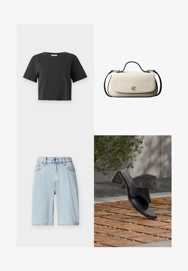 Camiseta negra corta de manga corta con cuello redondo, exhibida sobre un fondo blanco liso.; Pantalones cortos de mezclilla azul claro con cintura alta, cierre de botón y cremallera, trabillas para cinturón y bolsillos delanteros.; Sandalia de tacón negra de Calvin Klein con lazo en el dedo sobre un suelo de baldosas de madera al aire libre, cerca de un árbol y un muro de piedra.; Bolso rectangular de color crema con correa y asa negras, cierre frontal con solapa y pequeño logo plateado "cK" en el centro del frente.
