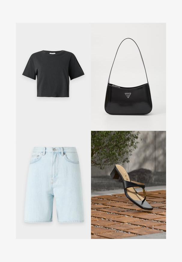Camiseta negra corta de manga corta con cuello redondo, exhibida sobre un fondo blanco liso.; Shorts de mezclilla azul claro con cintura alta, diseño de cinco bolsillos y cierre de botón de latón. Presenta costuras sutiles y bordes deshilachados.; Sandalia negra de tacón con lazo para el dedo y acento dorado, colocada sobre una superficie pavimentada de madera y piedra al aire libre cerca de vegetación.; Bolso de hombro de charol negro con forma curva, que presenta un logotipo triangular plateado y un cierre de cremallera. Textura suave y correa delgada.