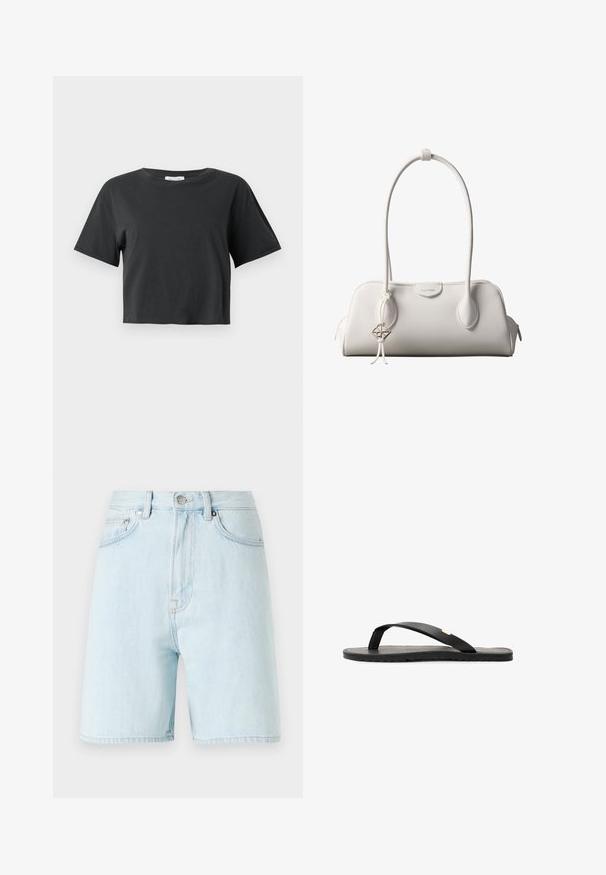 Sort cropped T-shirt med korte ærmer og rund udskæring vist mod en ensfarvet hvid baggrund.; Lyseblå denimshorts med høj talje, fem-lomme design og messingknaplukning. Har diskrete syninger og rå kanten.; Sort flip-flop sandal med flad sål, tekstureret sort indersål, glatte stropper og en lille gul accent nær tåposten.; Hvid Calvin Klein skuldertaske med lange håndtag, rektangulær form, lynlåslukning og dekorativt logohæng tæt på håndtaget.