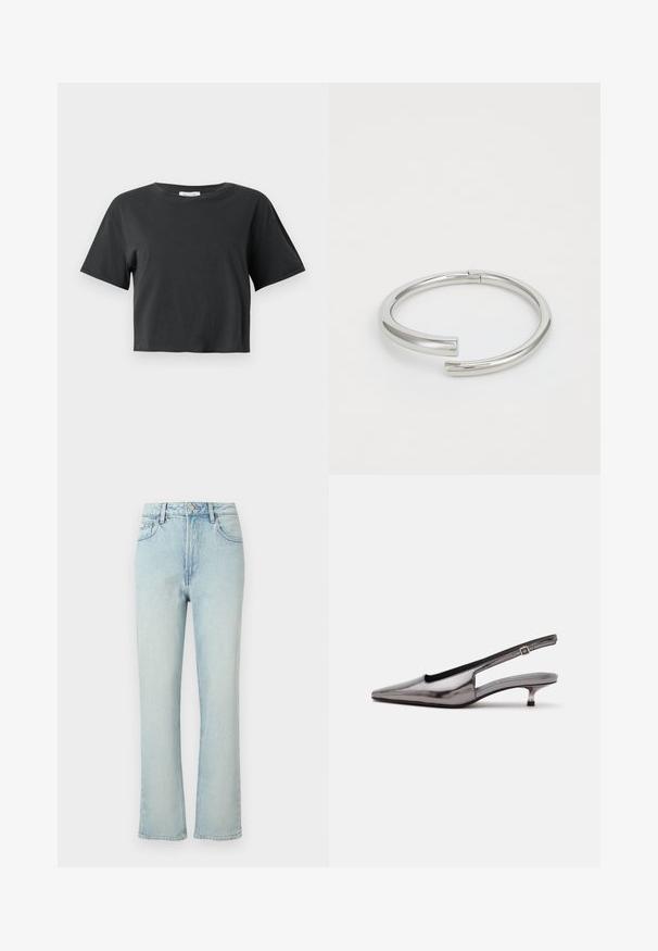 Schwarzes, kurzes T-Shirt mit kurzen Ärmeln und rundem Halsausschnitt, präsentiert vor einem schlichten weißen Hintergrund.; Hellblaue Jeans mit hoher Taille und geradem Bein, vorne mit Knopf, Gürtelschlaufen und klassischem Fünf-Taschen-Design auf einfarbigem Hintergrund.; Metallic-grauer Slingback-Schuh mit spitzer Schuhspitze, niedrigem Kittenabsatz und verstellbarem Riemen auf weißem Hintergrund.; Calvin Klein SPIRAL - Armband - silver-coloured