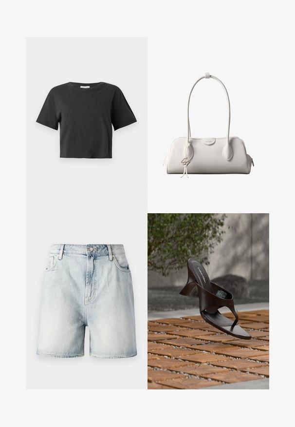 Sort cropped T-shirt med korte ærmer og rund udskæring vist mod en ensfarvet hvid baggrund.; Lyseblå denimshorts med knaplukning, fem lommer og en falmet struktur. Lige snit med et klassisk design.; Brun Calvin Klein hælet thong sandal svævende over træflise og grus udendørs med sløret grønt og stenmur i baggrunden.; Hvid Calvin Klein skuldertaske med lange håndtag, rektangulær form, lynlåslukning og dekorativt logohæng tæt på håndtaget.