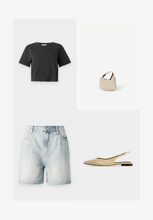 Schwarzes, kurzes T-Shirt mit kurzen Ärmeln und rundem Halsausschnitt, präsentiert vor einem schlichten weißen Hintergrund.; Hellblaue Jeansshorts mit einem Knopfverschluss, fünf Taschen und einer verwaschenen Textur. Gerader Schnitt mit klassischem Design.; Beiger Slingback-Ballerina mit spitzer Kappe, niedrigem schwarzem Absatz und glattem Lederfinish, seitlich auf einfarbigem Hintergrund gezeigt.; Beige Ledertasche in Halbmondform mit einem einzelnen Schulterriemen und minimaler Nahtgestaltung, vor einem schlichten weißen Hintergrund.