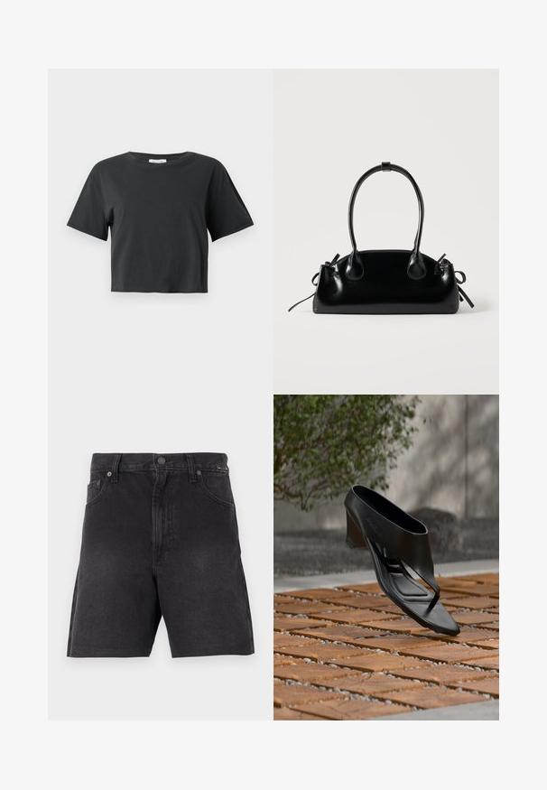 Camiseta negra corta de manga corta con cuello redondo, exhibida sobre un fondo blanco liso.; Pantalones cortos de mezclilla negra con un corte recto, que presentan un cierre de botón, bolsillos frontales y una tela texturizada. Diseño minimalista, sin patrones visibles.; Sandalia negra de tacón alto con tira entre los dedos, flotando sobre una superficie exterior de madera y grava con patrón, con vegetación desenfocada y pared al fondo.; Pequeño bolso negro brillante con dos asas largas y detalles de cordón lateral sobre un fondo claro liso.