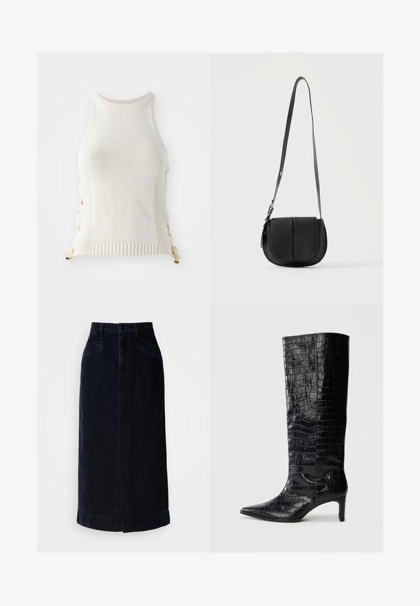 Top de punto blanco sin mangas con un cuello alto, decorado con detalles de cordones en beige a los lados y un dobladillo acanalado en la parte inferior.; Falda midi de mezclilla oscura con cintura alta, cierre de botones en el frente y bolsillos laterales; presenta un corte recto y un detalle sutil en el dobladillo.; Botas negras de media caña con textura brillante de patrón de cocodrilo, punta afilada y tacón cónico. Material sintético liso.; Bolso bandolera de cuero negro texturizado con base redondeada, solapa frontal y correa de hombro ajustable con hebilla metálica.