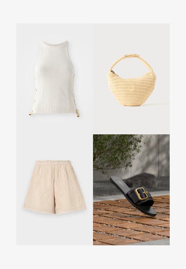 Weißes gestricktes Oberteil mit hohem Halsausschnitt, das seitliche Schnüroberflächen in Beige und einen gerippten Saum am unteren Ende hat.; Beige Shorts mit einem strukturierten, waffelartigen Muster. Elastischer Bund und lockere Passform. Mittellange Beine, bis zur Mitte des Oberschenkels. Leichtes Material.; Schwarze Riemchensandale mit breitem Riemen und großer goldener Schnalle, die auf einem Boden aus Holzfliesen mit grünem Pflanzen- und grauem Wandhintergrund liegt.; Beige gewebte Handtasche mit rundem Körper, Reißverschluss und kurzem, dickem Riemen in einfachem, strukturiertem Häkelstil.