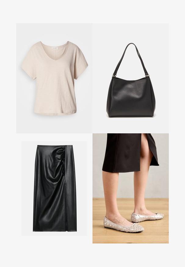Camiseta de manga corta de cuello en V en color beige claro, hecha de un tejido suave y texturizado. Corte relajado con un brillo sutil y un dobladillo inferior recto.; Falda de cuero negro con una textura suave, con una sección fruncida en un lado y una abertura lateral para añadir detalle.; Bailarinas de lentejuelas beige con puntera redondeada, que presentan un lazo decorativo, combinadas con una falda negra, exhibidas sobre un suelo de madera.; Bolso de mano de cuero sintético negro con una textura suave, forma de hobo y doble asa; presenta un acabado brillante y un diseño minimalista.