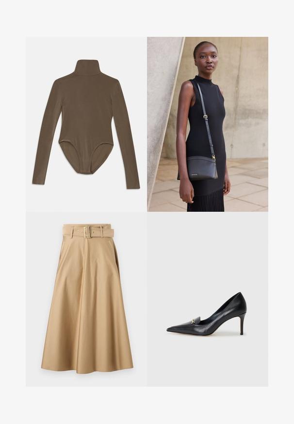 Bodysuit de manga larga en tela marrón oscuro, con un cuello alto, textura suave y un diseño de espalda descubierta con un ajuste ceñido.; Falda de algodón beige con cintura alta con cinturón, silueta acampanada y bolsillos laterales. Cuenta con hebilla en tono dorado y detalles de costura.; Zapato de piel negra con punta afilada, escote bajo y un detalle decorativo dorado. Cuenta con un tacón de aguja y textura suave.; Joven mujer con un vestido negro sin mangas llevando un bolso cruzado de cuero negro, de pie frente a una pared de hormigón clara.