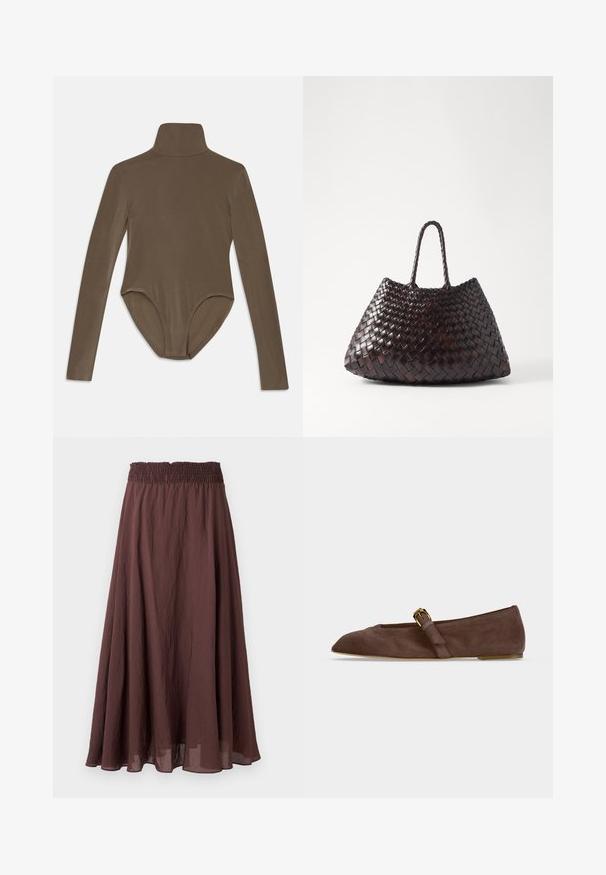 Langærmet bodysuit i mørkebrunt stof, med høj krave, glat tekstur og scoop-back design med en tætsiddende pasform.; Brun, lang A-formet nederdel med indsamlende elastisk talje og let, let krøllet stof, vist på en ensfarvet baggrund.; Brun ruskind flad sko med spids tå og guldbeslået rem på siden, vist i profil mod hvid baggrund.; DRAGON DIFFUSION SANTA CROCE BIG - Håndtasker - dark brown