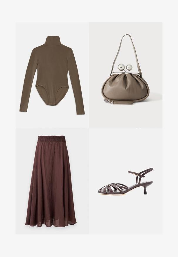 Bodysuit de manga larga en tela marrón oscuro, con un cuello alto, textura suave y un diseño de espalda descubierta con un ajuste ceñido.; Falda larga marrón en línea A con cinturilla elástica fruncida y tela ligera, ligeramente arrugada, mostrada sobre un fondo liso.; Sandalia de tacón bajo tipo gatito de cuero marrón oscuro con tiras y hebilla ajustable en el tobillo, sobre fondo blanco.; Bolso de mano de cuero gris con forma redondeada, cierre superior con dos grandes esferas plateadas y una sola asa de correa.