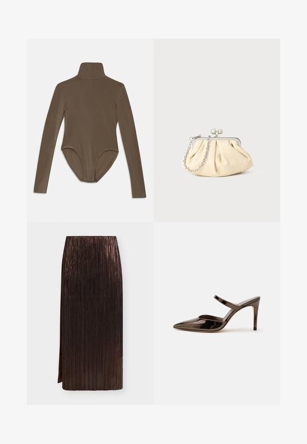 Bodysuit de manga larga en tela marrón oscuro, con un cuello alto, textura suave y un diseño de espalda descubierta con un ajuste ceñido.; Falda midi plisada metálica de color marrón oscuro con cintura alta y abertura lateral sobre un fondo liso claro.; Mule de tacón alto de punta estrecha de color marrón oscuro brillante con una tira delgada sobre el empeine sobre un fondo blanco liso.; Clutch de cuero beige plisado con un marco de metal plateado, que cuenta con dos broches decorativos redondos y una correa de cadena plateada.