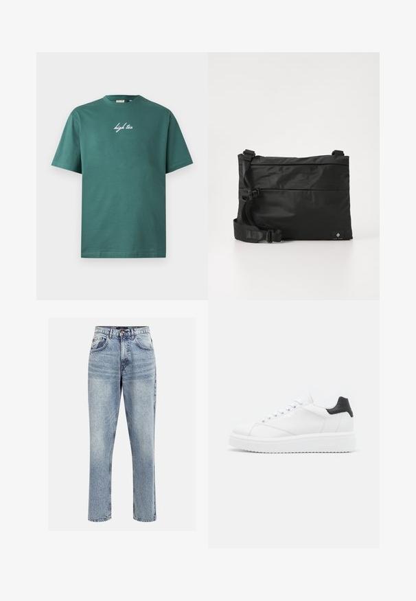 Camiseta de algodón verde con escote redondo y mangas cortas. Presenta texto en cursiva blanca "high tea" en la parte frontal. Diseño sencillo, sin patrones.; Jeans de mezclilla de tiro alto en azul claro con un corte recto, cinco bolsillos y cierre de botón. Presentan un desgastado sutil y detalles de costura.; Zapatilla de cuero blanca con un talón negro, cordones planos, entresuela texturizada y logotipo en el lado exterior. Diseñada para uso casual.; Bolso mensajero de nylon negro con correa ajustable, diseño plano y una etiqueta lateral con un logo. Textura suave y estilo minimalista.